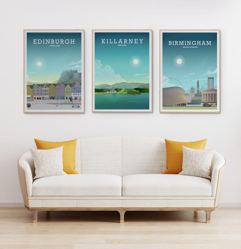 May include: Three framed city skyline posters with a white background. The posters are titled "Edinburgh, Scotland", "Killarney, Ireland", and "Birmingham, United Kingdom".