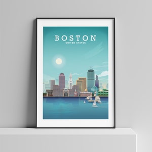 May include: A colorful illustration of the Boston skyline with the text "BOSTON, UNITED STATES" at the top. The skyline features several buildings, including the Custom House Tower, the John Hancock Tower, and the Prudential Tower. The illustration is set against a blue sky with a white sun.