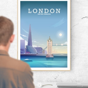 May include: A framed poster with a blue and white illustration of the London skyline, including the Tower Bridge, the Shard, and the River Thames. The poster has the text "LONDON" and "UNITED KINGDOM" printed on it.