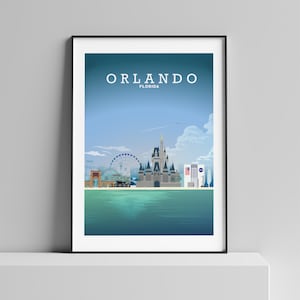 May include: A framed illustration of the Orlando skyline, featuring the iconic Cinderella Castle, a Ferris wheel, and the Kennedy Space Center Visitor Complex. The text "ORLANDO FLORIDA" is at the top of the image.