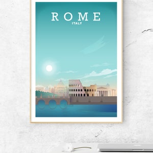 Puede incluir: Un p&oacute;ster de viaje vintage con una combinaci&oacute;n de colores azul y verde que presenta una silueta de Roma, Italia. El p&oacute;ster incluye el Coliseo, el Pante&oacute;n y un puente sobre un r&iacute;o. El texto "ROMA ITALIA" est&aacute; en la parte superior del p&oacute;ster.