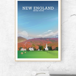 May include: A vintage travel poster with a blue, white, and orange color scheme. The poster features a scenic view of a small town with a church, houses, and hay bales. The text "NEW ENGLAND UNITED STATES" is at the top of the poster.