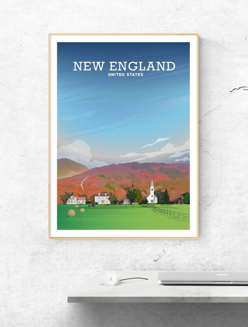 May include: A vintage travel poster with a blue, white, and orange color scheme. The poster features a scenic view of a small town with a church, houses, and hay bales. The text "NEW ENGLAND UNITED STATES" is at the top of the poster.