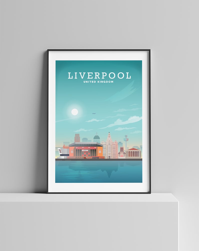 May include: A colorful illustration of the Liverpool skyline, featuring the Liver Building, the Royal Liver Building, and Anfield Stadium. The text "LIVERPOOL" and "UNITED KINGDOM" is displayed at the top of the image.
