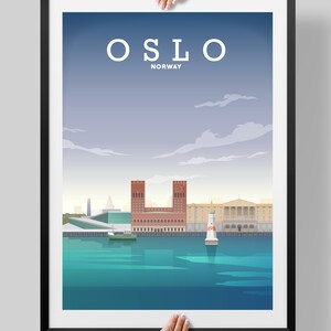May include: A minimalist poster with a blue and white color scheme featuring a cityscape of Oslo, Norway. The poster includes the text "OSLO NORWAY" and depicts the Oslo City Hall.