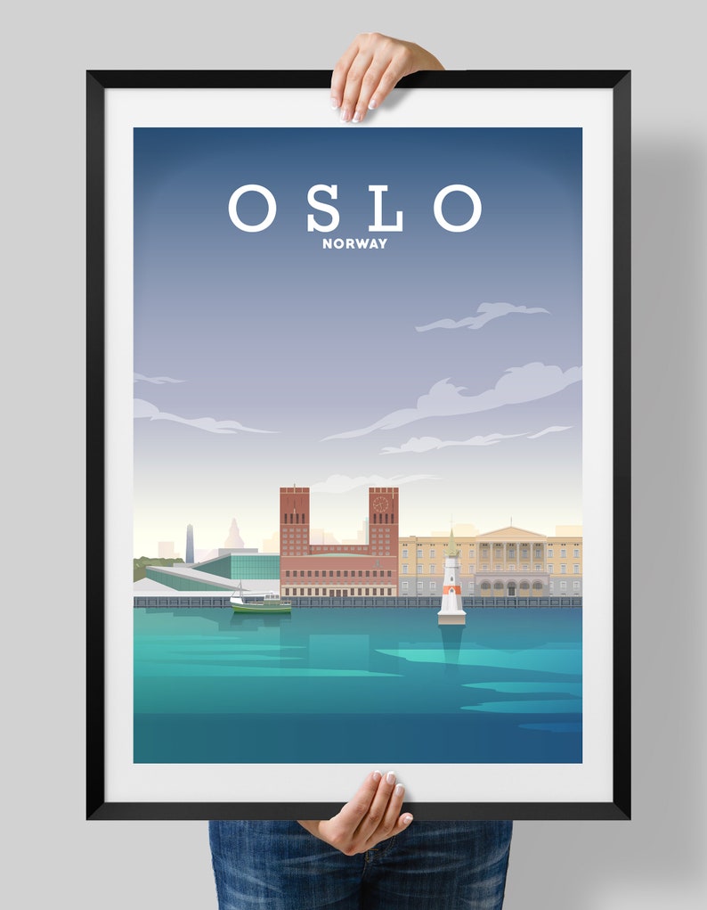 May include: A minimalist poster with a blue and white color scheme featuring a cityscape of Oslo, Norway. The poster includes the text "OSLO NORWAY" and depicts the Oslo City Hall.