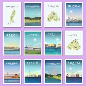May include: A collage of 12 illustrated travel posters featuring various cities and regions around the world. Each poster features a stylised illustration of a city skyline or map, with the city name and location printed at the top.
