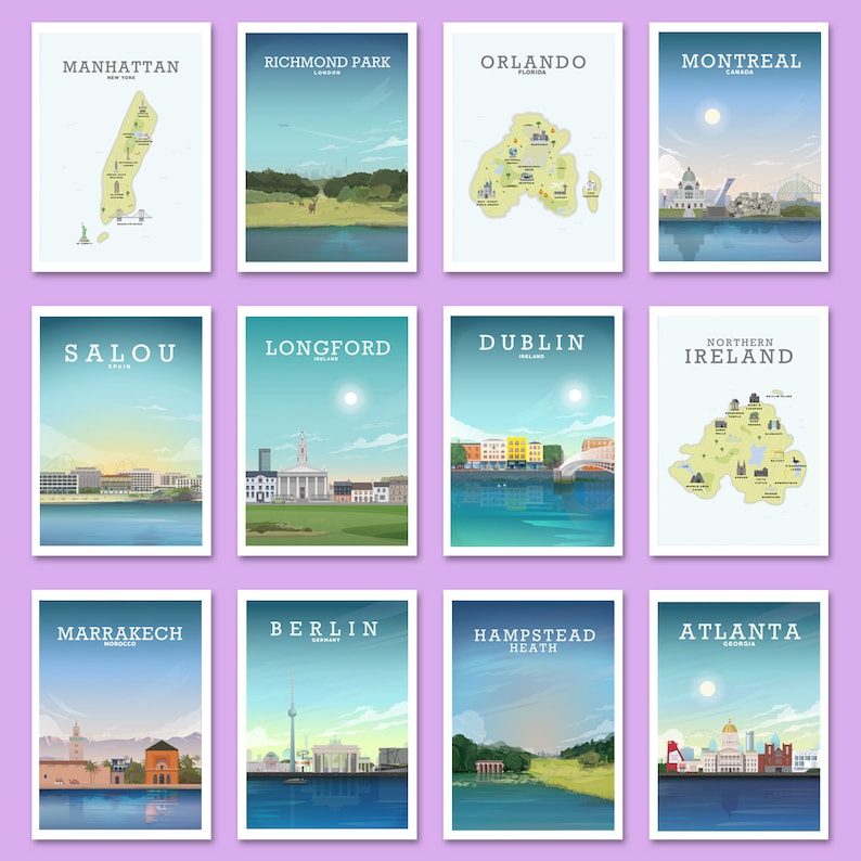May include: A collage of 12 illustrated travel posters featuring various cities and regions around the world. Each poster features a stylised illustration of a city skyline or map, with the city name and location printed at the top.