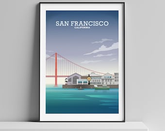 San Francisco Print, Fisherman's Wharf Poster, Golden Gate Bridge Art