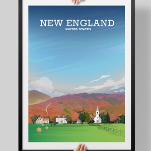 May include: A colorful illustration of a New England town with a white church, red and orange fall foliage, and a blue sky. The text "NEW ENGLAND UNITED STATES" is at the top of the image.