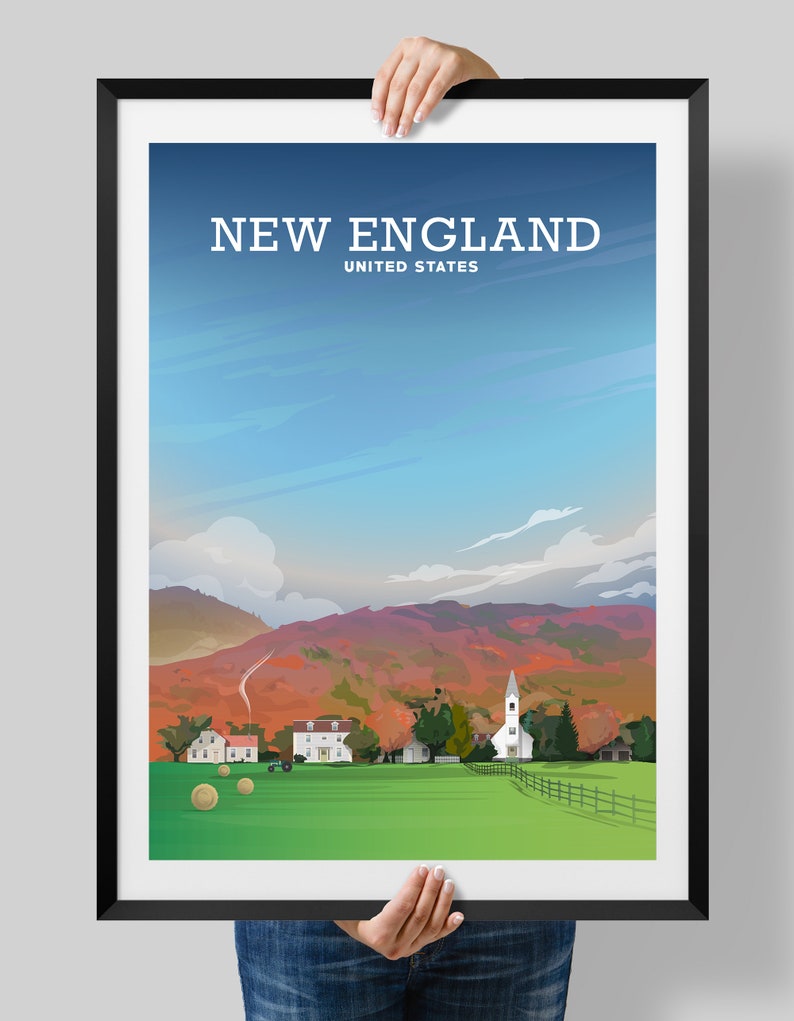 May include: A colorful illustration of a New England town with a white church, red and orange fall foliage, and a blue sky. The text "NEW ENGLAND UNITED STATES" is at the top of the image.