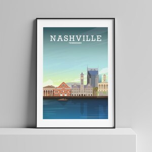 May include: A colorful illustration of the Nashville skyline, featuring the city's iconic buildings, including the Ryman Auditorium, the Country Music Hall of Fame, and the AT&T Building. The text "NASHVILLE TENNESSEE" is displayed at the top of the image.