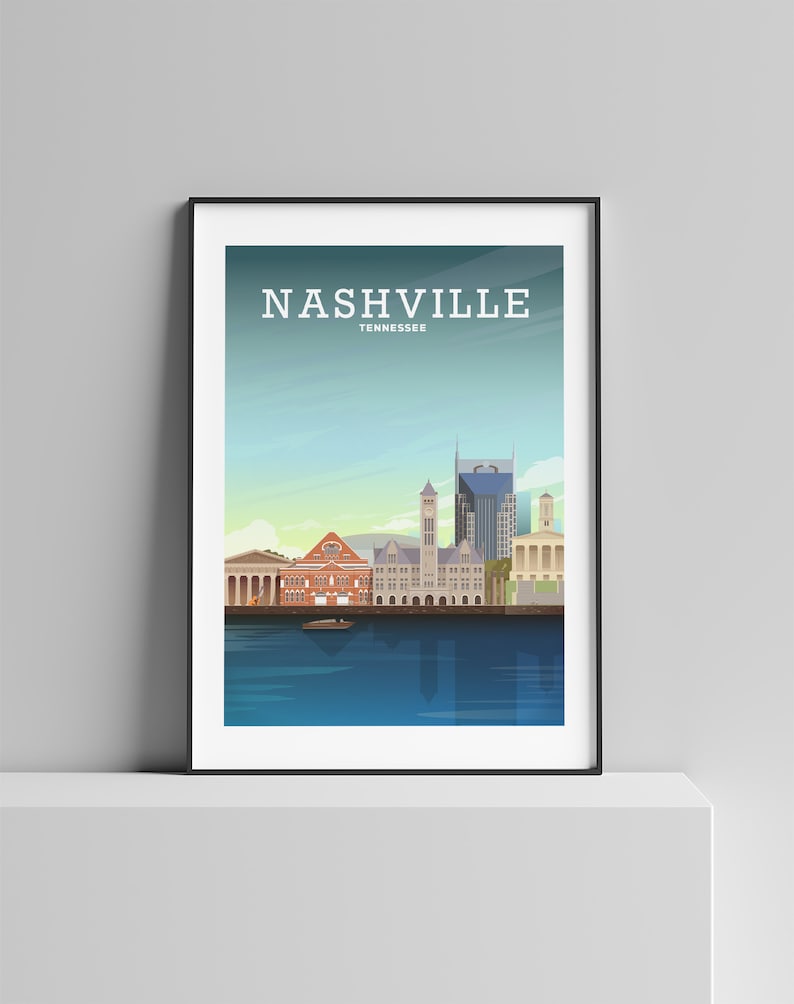 May include: A colorful illustration of the Nashville skyline, featuring the city's iconic buildings, including the Ryman Auditorium, the Country Music Hall of Fame, and the AT&T Building. The text "NASHVILLE TENNESSEE" is displayed at the top of the image.