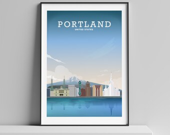 May include: A minimalist illustration of the Portland skyline, featuring the city's iconic buildings, including the Portland Building and the Oregon Convention Center. The illustration is set against a blue sky with white clouds and a reflection of the city in the water.