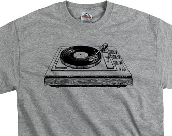 Turntable Tee Shirt WhiteNavy Classic Screenprint Handprint Record Player Vinyl DJ Minimal Stencil Retro Vintage Record Store Music