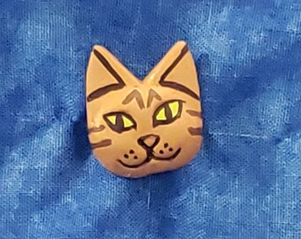 Hand Painted Brown Tabby Cat Pin. Cute Accessory for Cat Lovers. Unique Painting on Resin Casting. Individually Numbered, #7.
