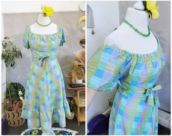 vintage jaren '70 gingham jurk, vintage pastel check jurk, vintage regenboog check jurk, vintage lila jurk, van de schouder, bardot jurk, zomer