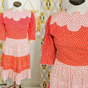 Vintage 70s ditsy floral dress, ruffle skirt, red and white floral dress, vintage square dance dress, 70s prairie dress,scallop edge,western