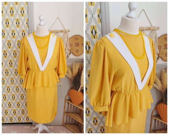 Vintage 80s yellow and white peplum dress, bright… - image 1