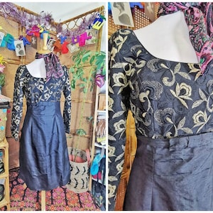 Vintage Black And gold lace silk mini dress,party dress, vintage silk dress, 60s style dress,vintage women&#39;s dress, vintage floral,Christmas