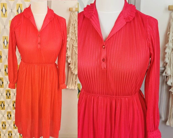 Vintage 70s pinstripe dress,bright red striped dr… - image 1