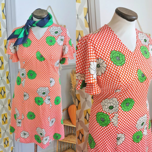 Vintage 70s polka dot floral mini dress, summer holiday outfit, psychedelic, neon green, festival, boho, red and white, flutter sleeve,