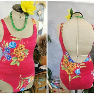 Vintage red floral swimsuit, vintage st Michael bathing suit, vintage red swimming costume, one piece, summer,beach, swim wear, 80s,backless