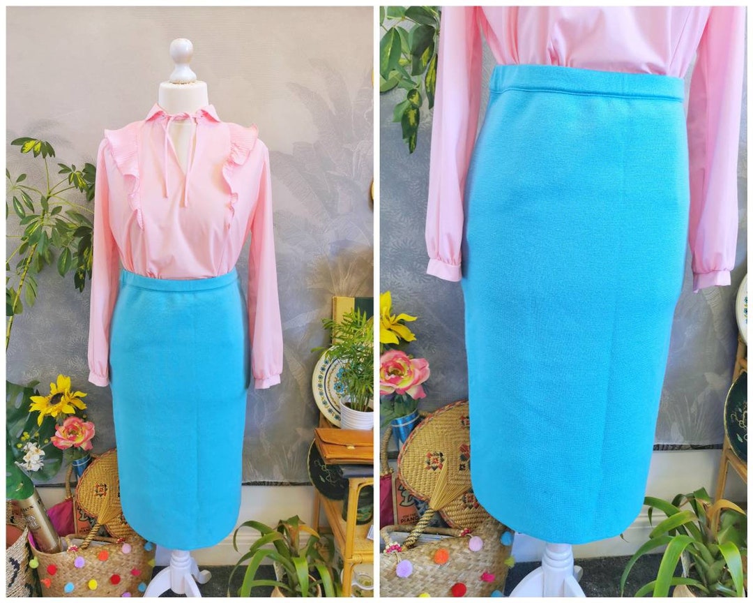 Vintage Blue Pencil Skirt,stretchy Pencil Skirt, Wool Blend Skirt