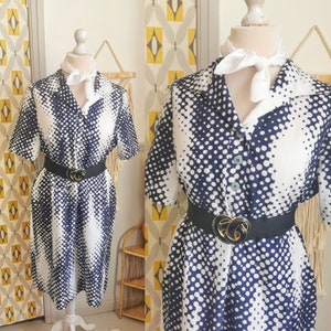 Vintage 70s shirt dress, navy and white, op art, polka dot, circle print, volyp vintage, smart office work wear, mod