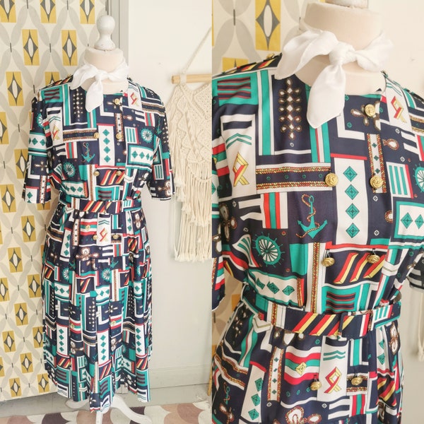 80’s Nautical Belted Sailor Secretary Dress by Solini Inc main image 0