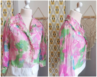 Vintage 60s floral pink blouse with frill collar, sheer chiffon , summer, 60s psychedelic, hippie boho, troubadour, ruffle