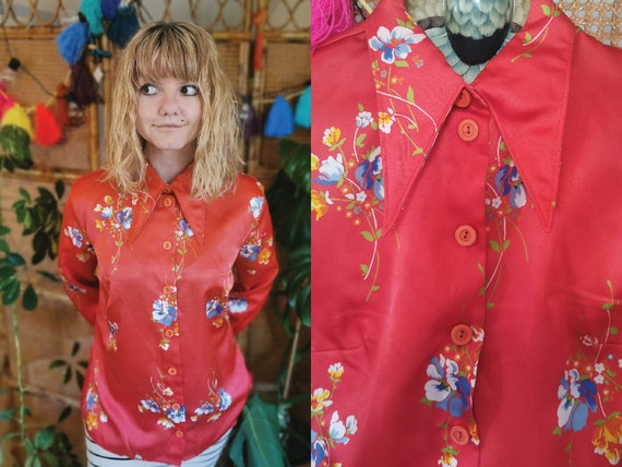 1970s vintage dagger collar blouse, red blouse, sa
