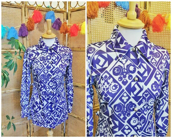 Purple 1970s dagger collar blouse with gold button