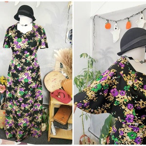 70s floral maxi dress with flutter sleeves,vintage floral dress,vintage long dress,autumnal dress,purple green black,Wedding guest outfit