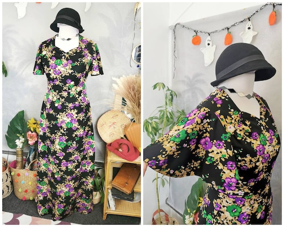 70s floral maxi dress with flutter sleeves,vintag… - image 1