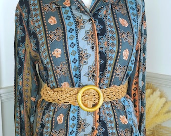 Vintage floral paisley blouse, vintage collared shirt, stripe, roses, 80s, 70s, tile pattern, world design, boho