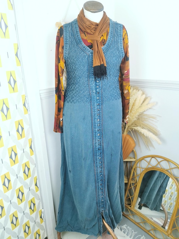 Vintage 90s Denim Maxi Dress, Smocking Detail, Embroidered, Waist Tie Belt, Pinnafore, Sleeveless, Boho, Cottagecore