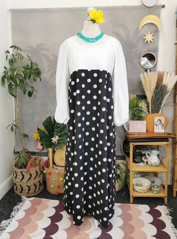 vintage 70s maxi dress,polka dot dress, monochrom… - image 10