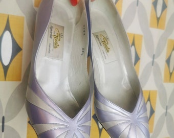 Vintage lilac and silver court shoes by Renata, smart office wear, round toe, 80s disco heels, geometric, leather shoe, sunburst, elegant