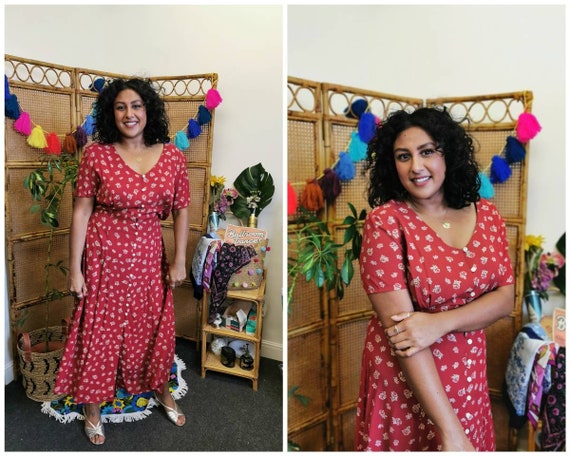 Vintage 90s Red floral tea dress, vintage women's