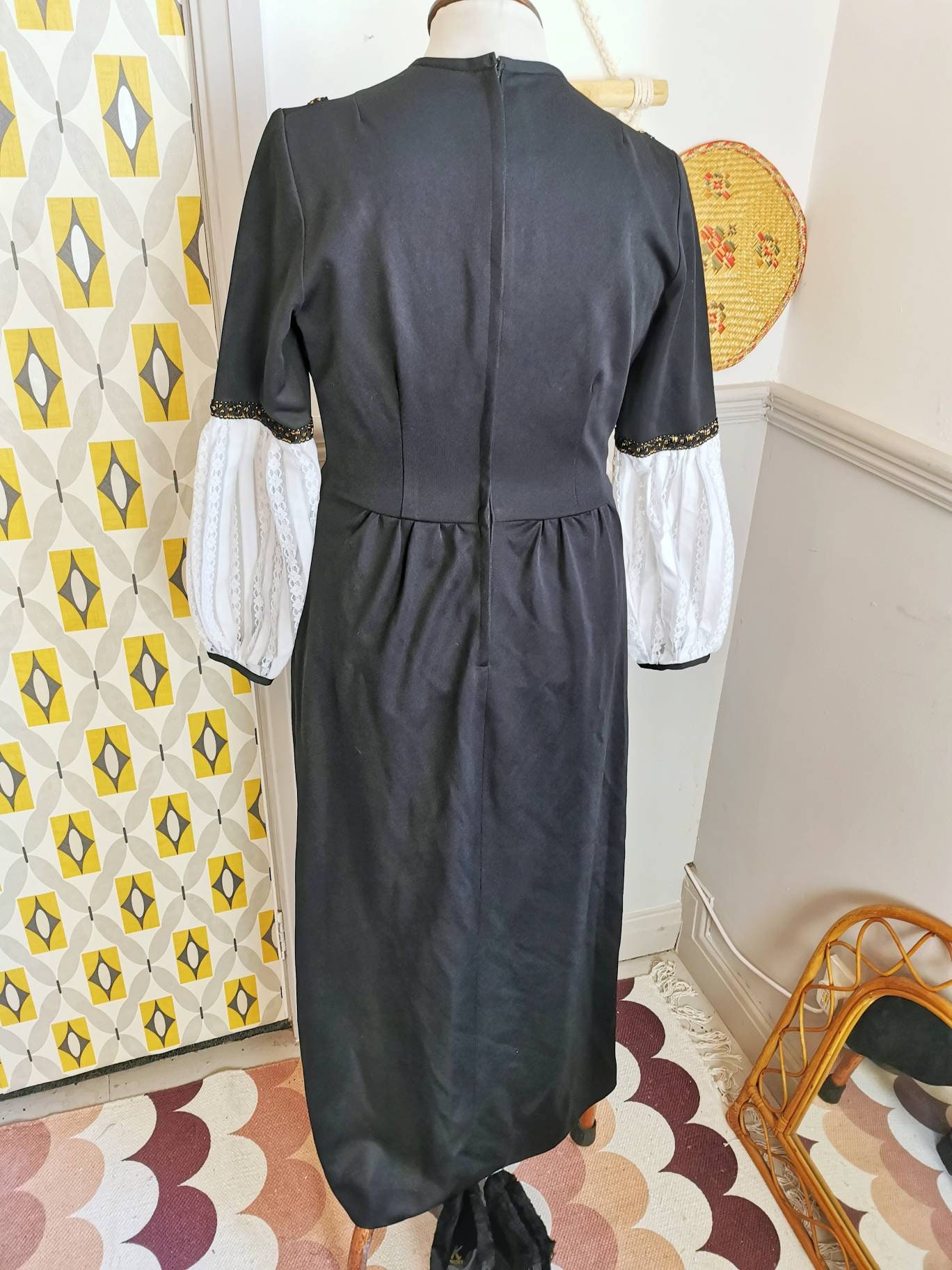 Vintage 70s Maxi Dress With Lace Panel, Monochrome Black and