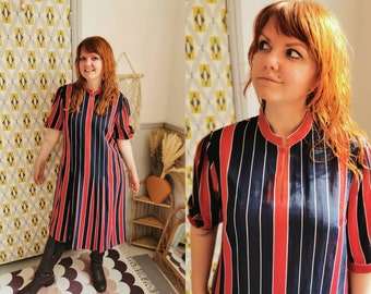 Vintage pinstripe dress, mod, navy and red, 80s vintage, scooter, smart office wear, mandarin collar, stripey dress, striped, quirky
