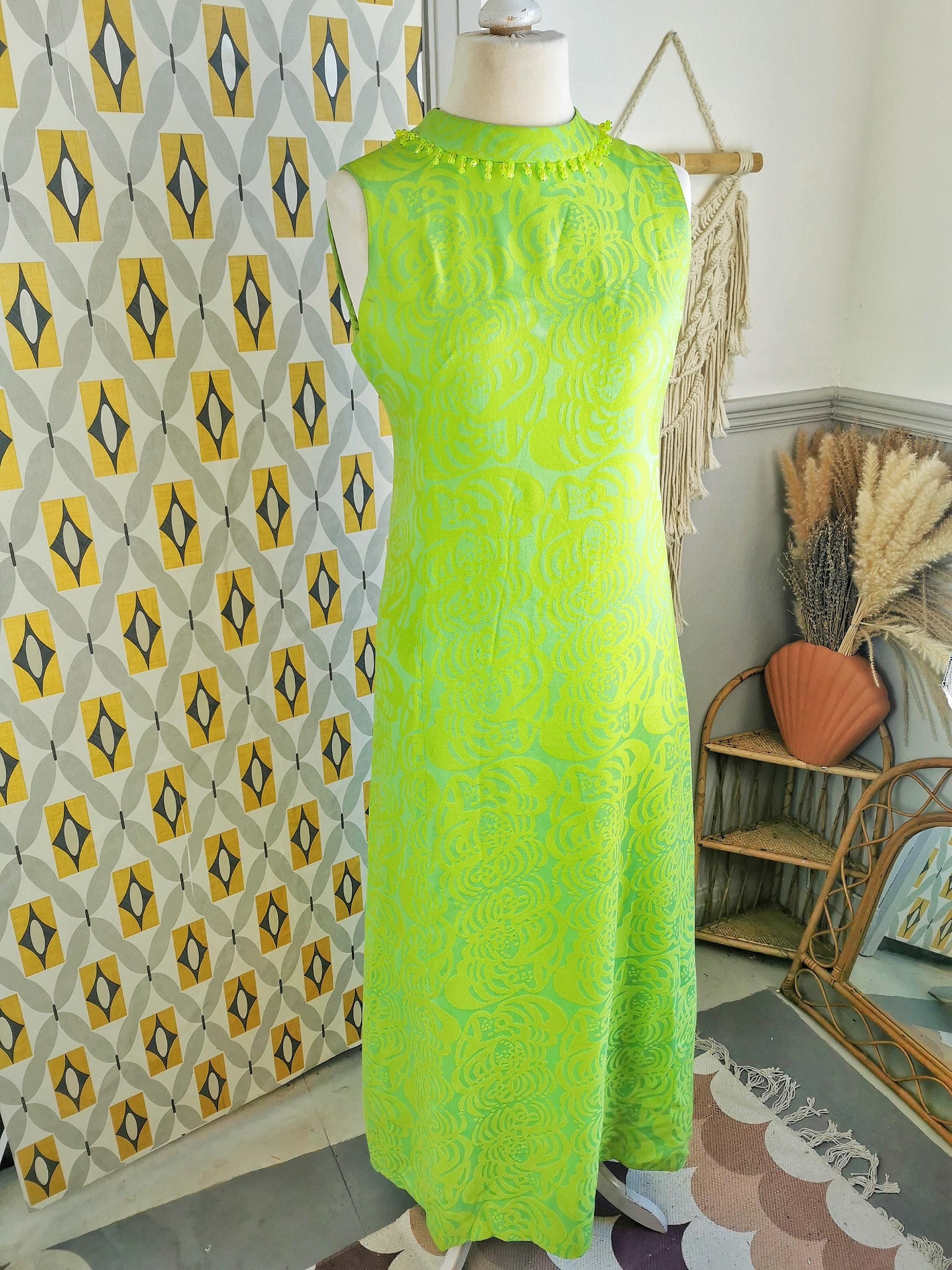Vintage Lime Green Maxi Dress, Brocade Swirl Jaquard Fabric, Beaded Neckline, Cut Out Open Back, New Years Eve Outfit, 60s Vintage, Party
