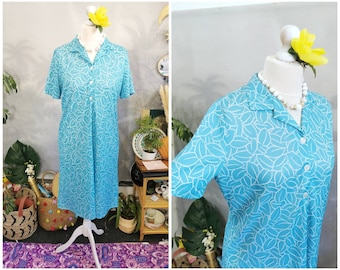 vintage 70s shirt dress,vintage aqua blue dress,leaf pattern dress,vintage crimplene dress,vintage summer dress,collared dress,mod dress
