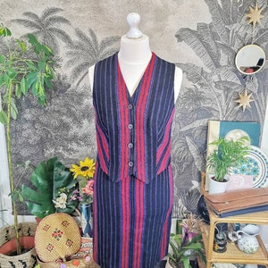 70s vintage Welsh wool Co-ord 2 piece set,red and purple,vintage check suit, waistcoat and pencil skirt, striped, coordinates,60s twin set image 2
