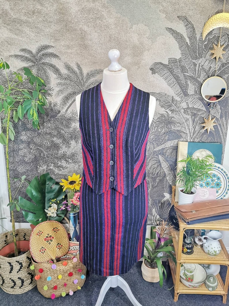 70s vintage Welsh wool Co-ord 2 piece set,red and purple,vintage check suit, waistcoat and pencil skirt, striped, coordinates,60s twin set image 2