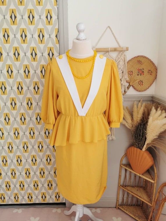 Vintage 80s yellow and white peplum dress, bright… - image 3