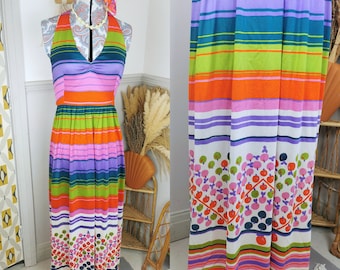 Vintage jaren '70 regenboog maxi-jurk, halterhals, dopaminedressing, zomervakantiefestival, lgbtqia-trots, appelkers, disco, meerkleurig