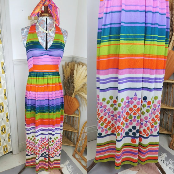 Vintage 70s Rainbow Maxi Dress, Halter Neck, Dopamine Dressing, Summer Holiday Festival, Lgbtqia Pride, Apple Cherry, Disco, Multi Colour