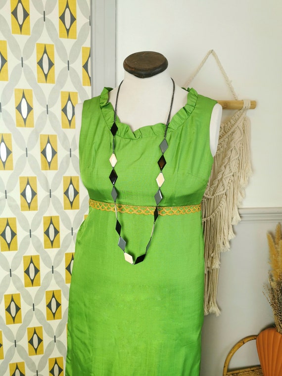 Vintage 60s 70s bright green maxi dress, taffeta … - image 3